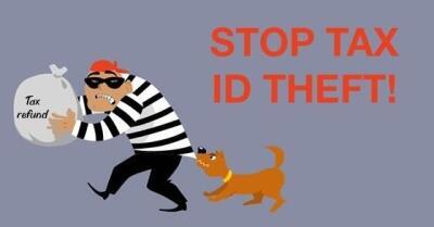 Thief trying to steal bag labeled "Tax refund" while being bit by a dog, next to words "STOP TAX ID THEFT!"