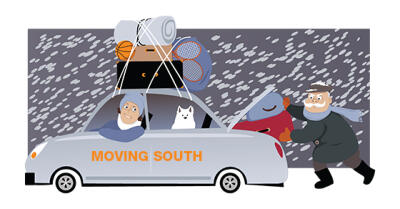 Graphic of a couple moving in a car, with words "Moving South" written on the car