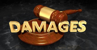Gavel and sound block next to word "Damages"